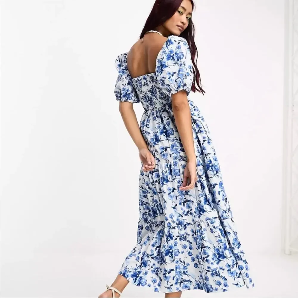 Abercrombie & Fitch smocked bodice midi poplin dress blue white floral toile XSP